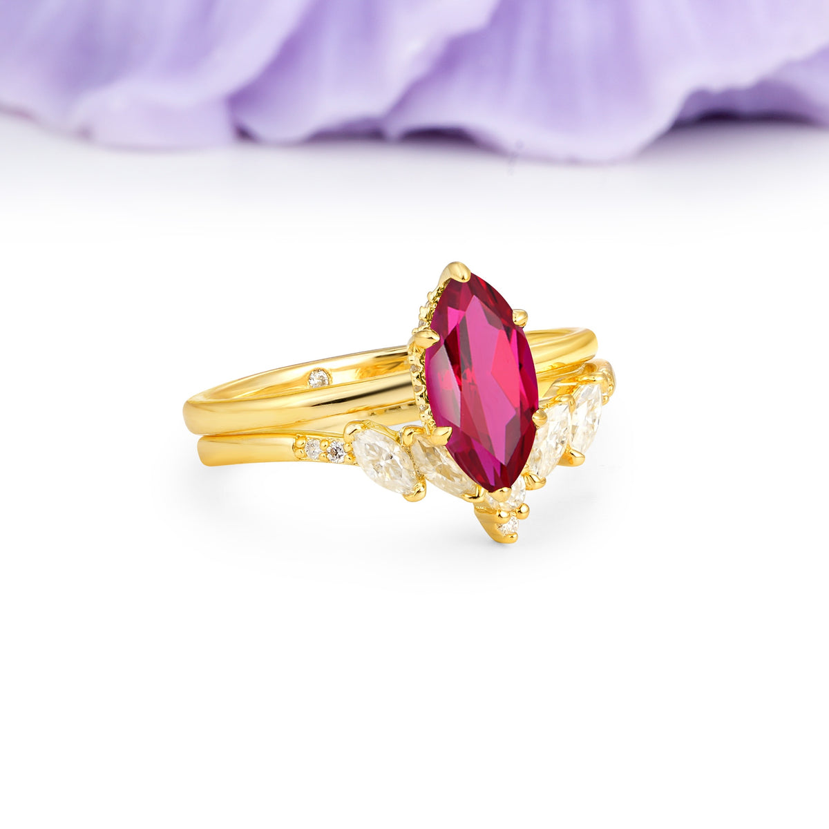 Classic, Luxurious 6-Prong Marquise Cut Ruby Bridal Ring Set - Additional view
