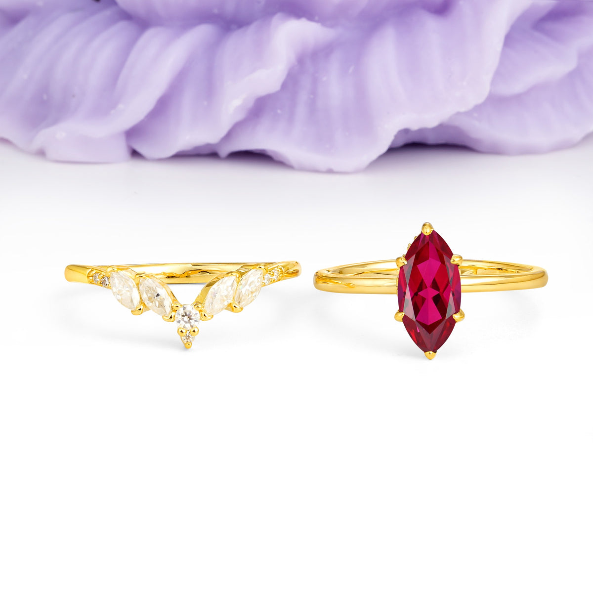 Classic, Luxurious 6-Prong Marquise Cut Ruby Bridal Ring Set - Additional view