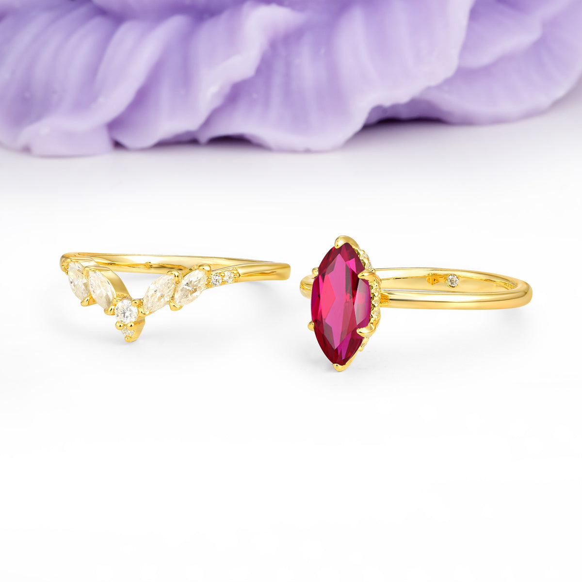 Classic, Luxurious 6-Prong Marquise Cut Ruby Bridal Ring Set - Additional view