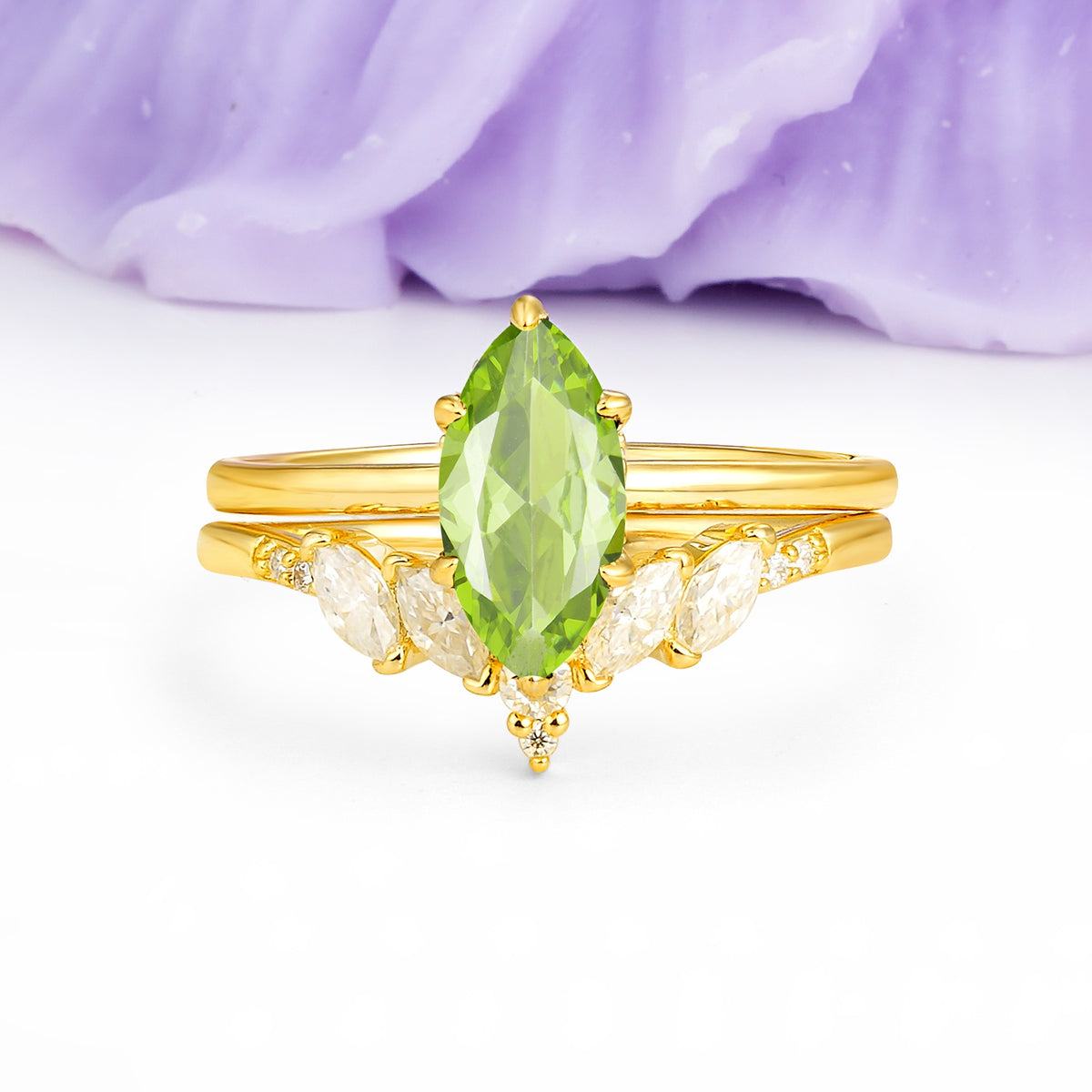 Classic, Luxurious 6-Prong Marquise Cut Peridot Bridal Ring Set - Additional view