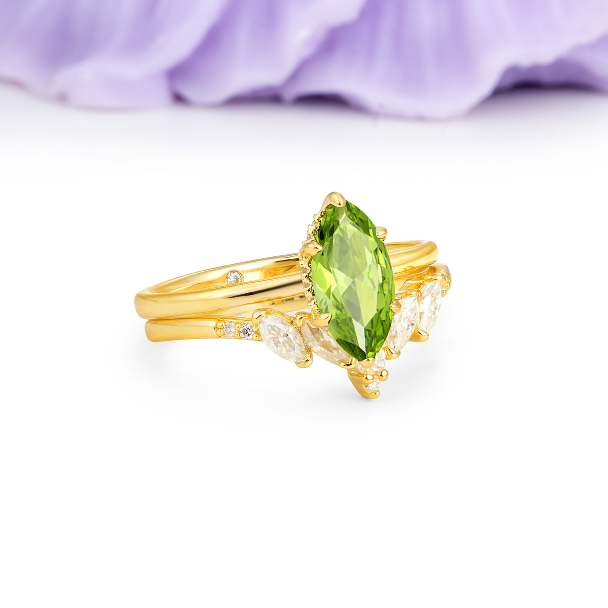 Classic, Luxurious 6-Prong Marquise Cut Peridot Bridal Ring Set - Additional view