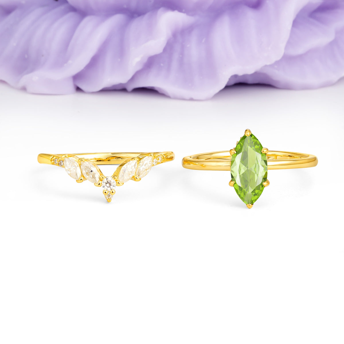 Classic, Luxurious 6-Prong Marquise Cut Peridot Bridal Ring Set - Additional view