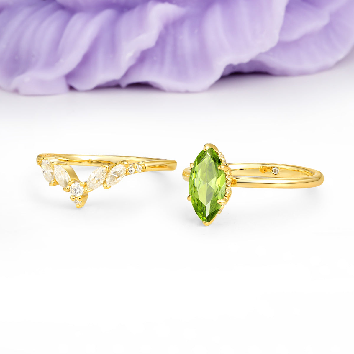 Classic, Luxurious 6-Prong Marquise Cut Peridot Bridal Ring Set - Additional view