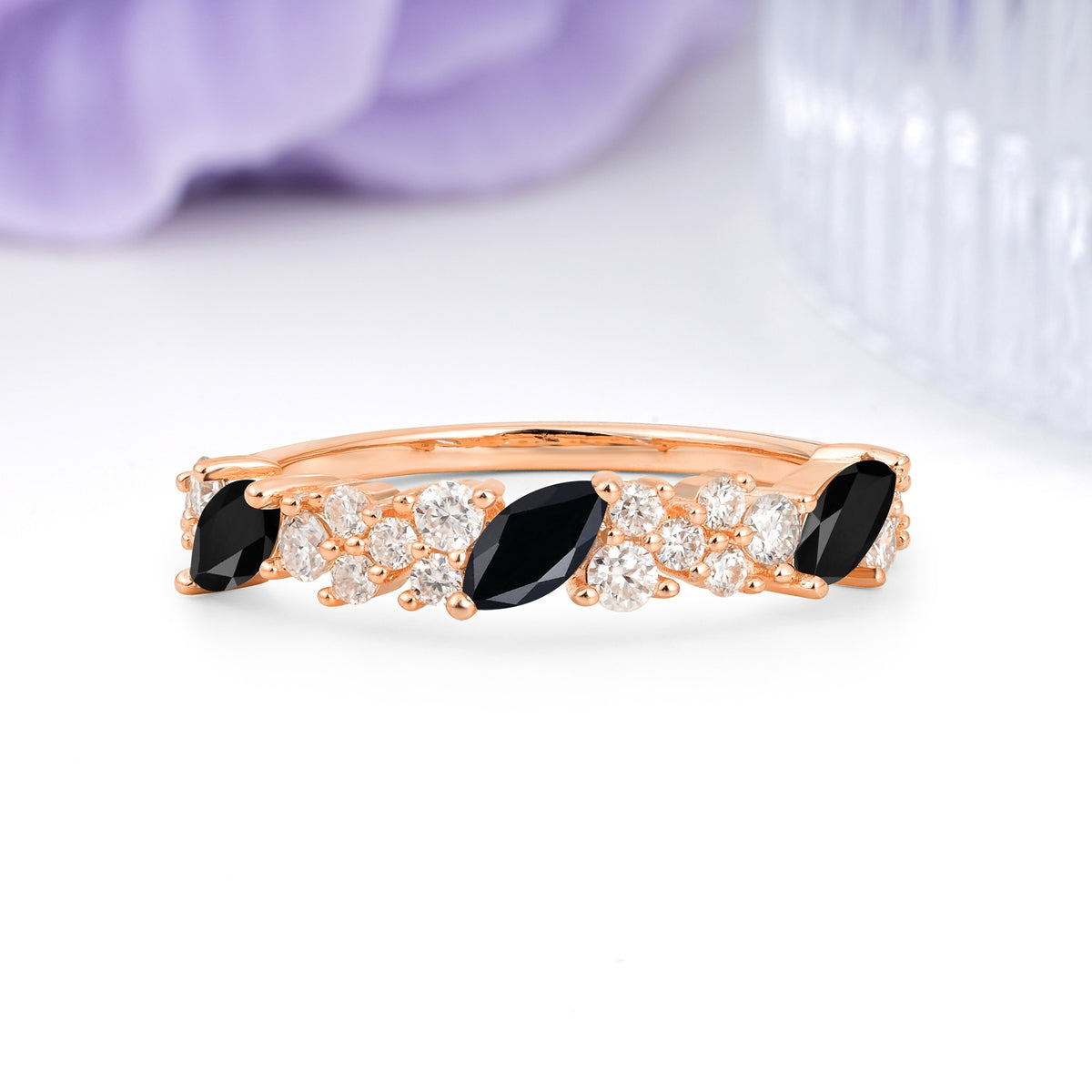 Distinctive And Luxurious 2-Prong Marquise Cut Black Onyx Wedding Ring - Additional view