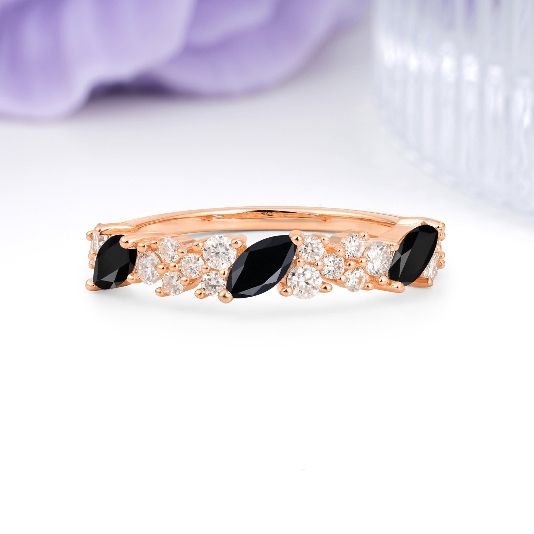 Distinctive And Luxurious 2-Prong Marquise Cut Black Onyx Wedding Ring - Additional view
