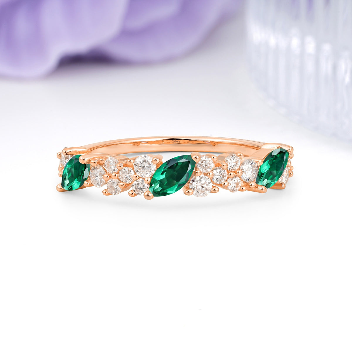 Distinctive And Luxurious 2-Prong Marquise Cut Emerald Wedding Ring - Additional view