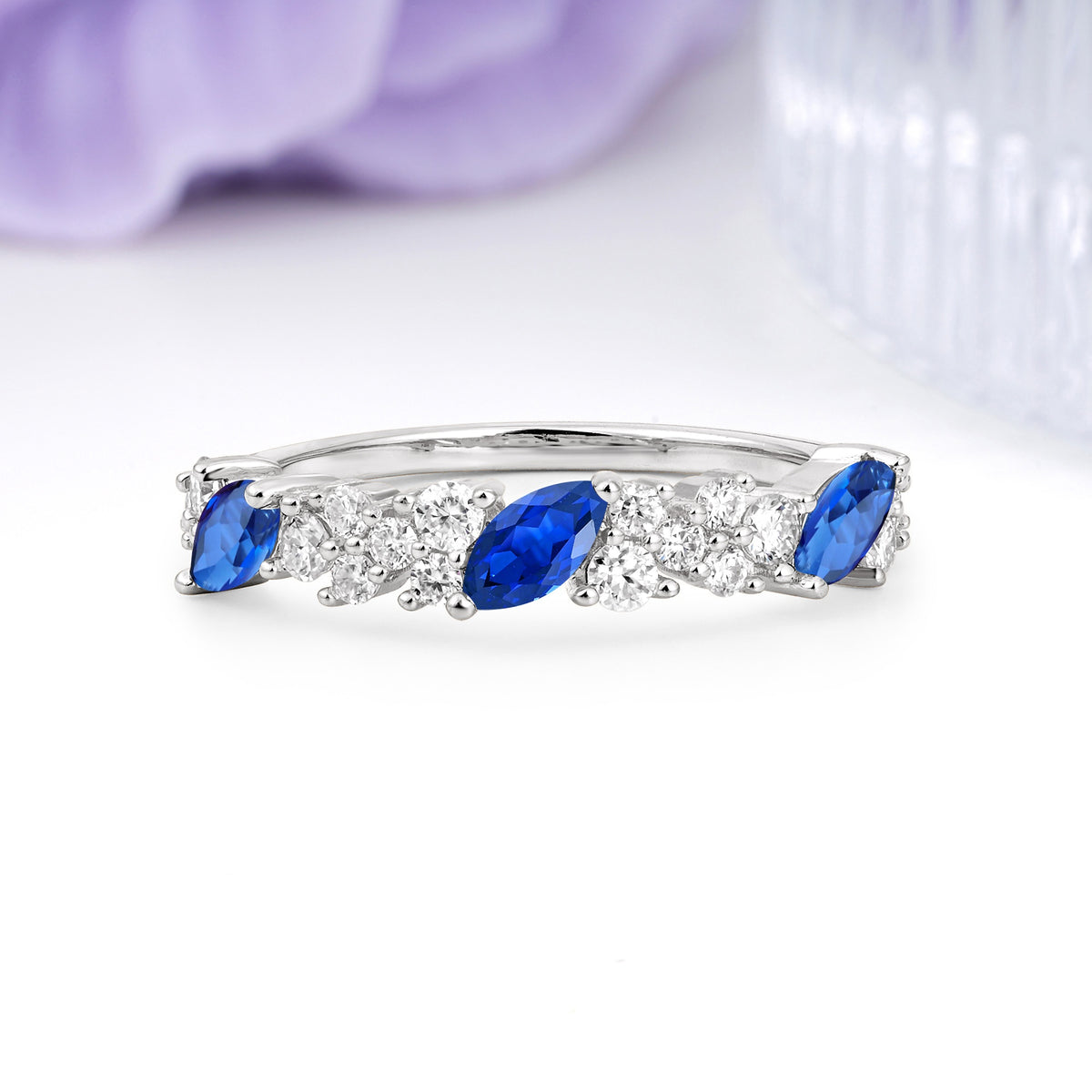 Distinctive And Luxurious 2-Prong Marquise Cut Sapphire Wedding Ring - Additional view