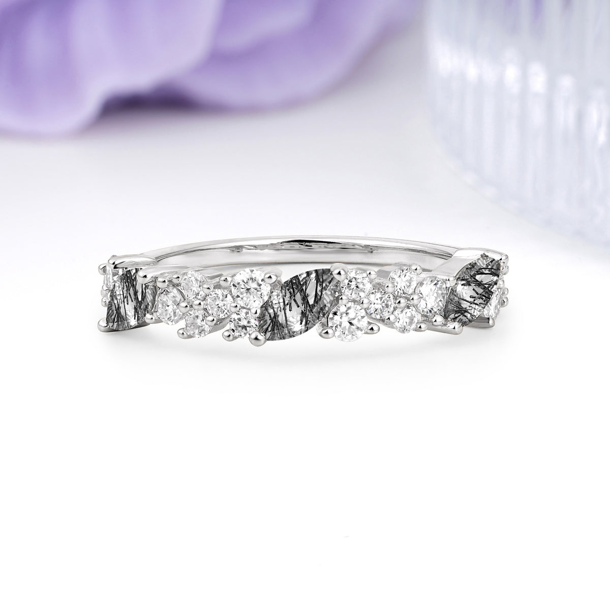 Distinctive And Luxurious 2-Prong Marquise Cut Black Rutilated Quartz Wedding Ring - Additional view