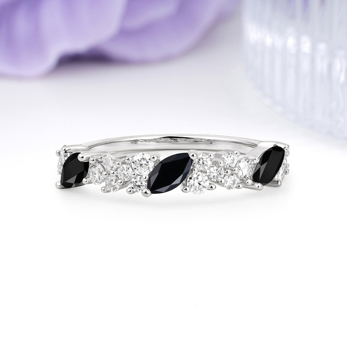 Distinctive And Luxurious 2-Prong Marquise Cut Black Onyx Wedding Ring - Additional view
