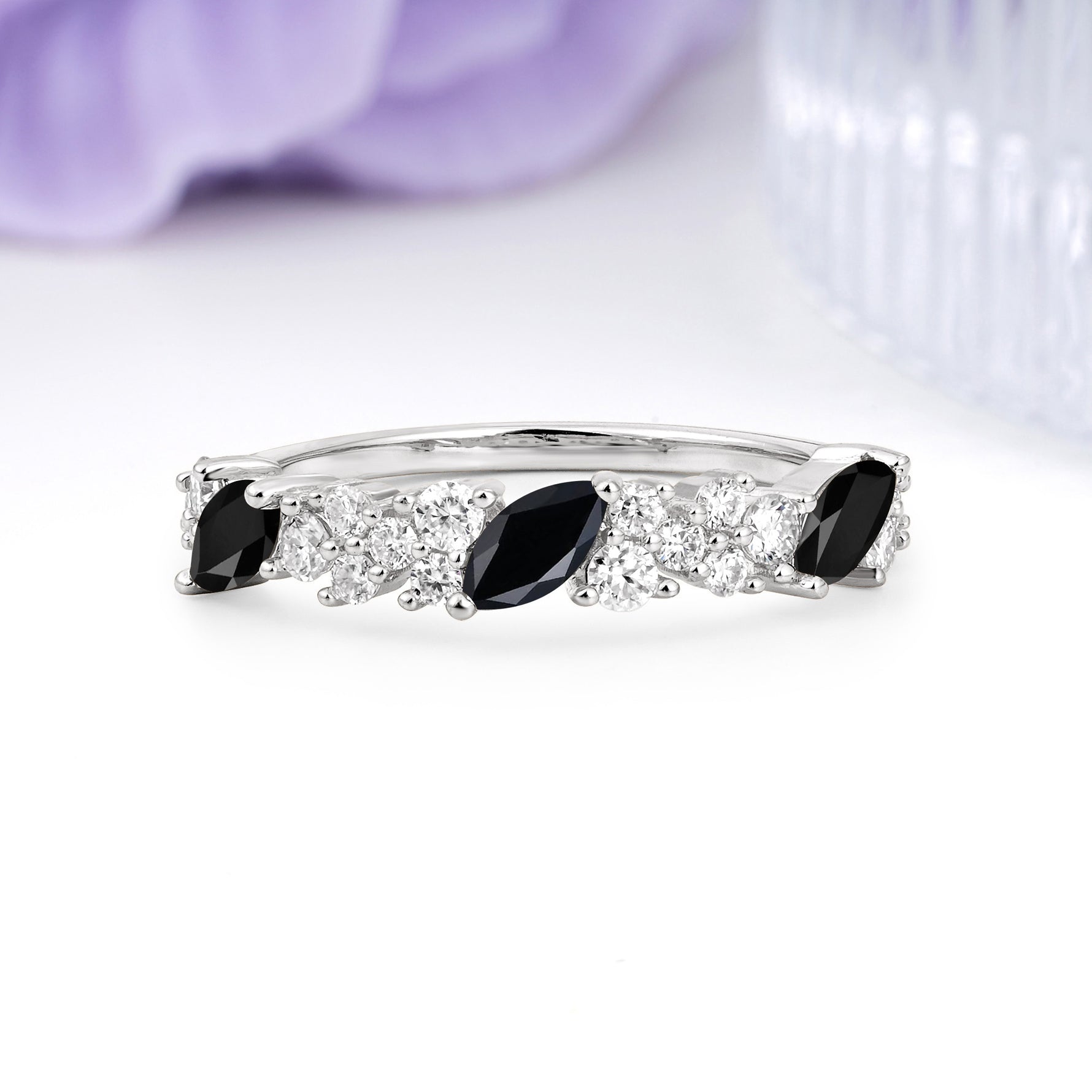 Distinctive And Luxurious 2-Prong Marquise Cut Black Onyx Wedding Ring - Additional view