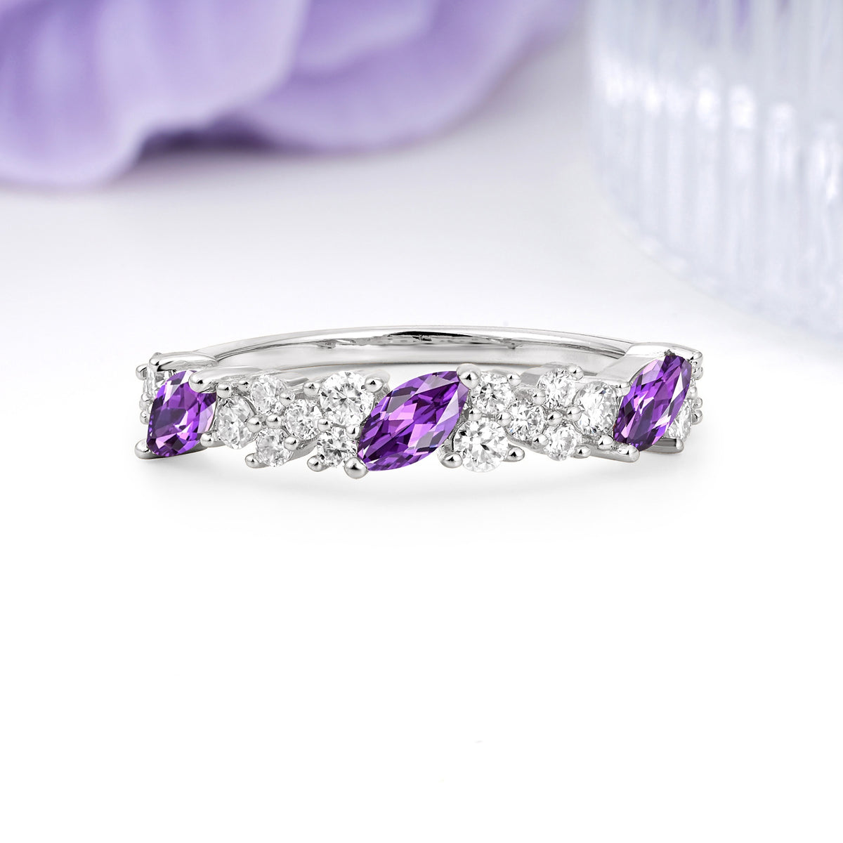 Distinctive And Luxurious 2-Prong Marquise Cut Amethyst Wedding Ring - Additional view