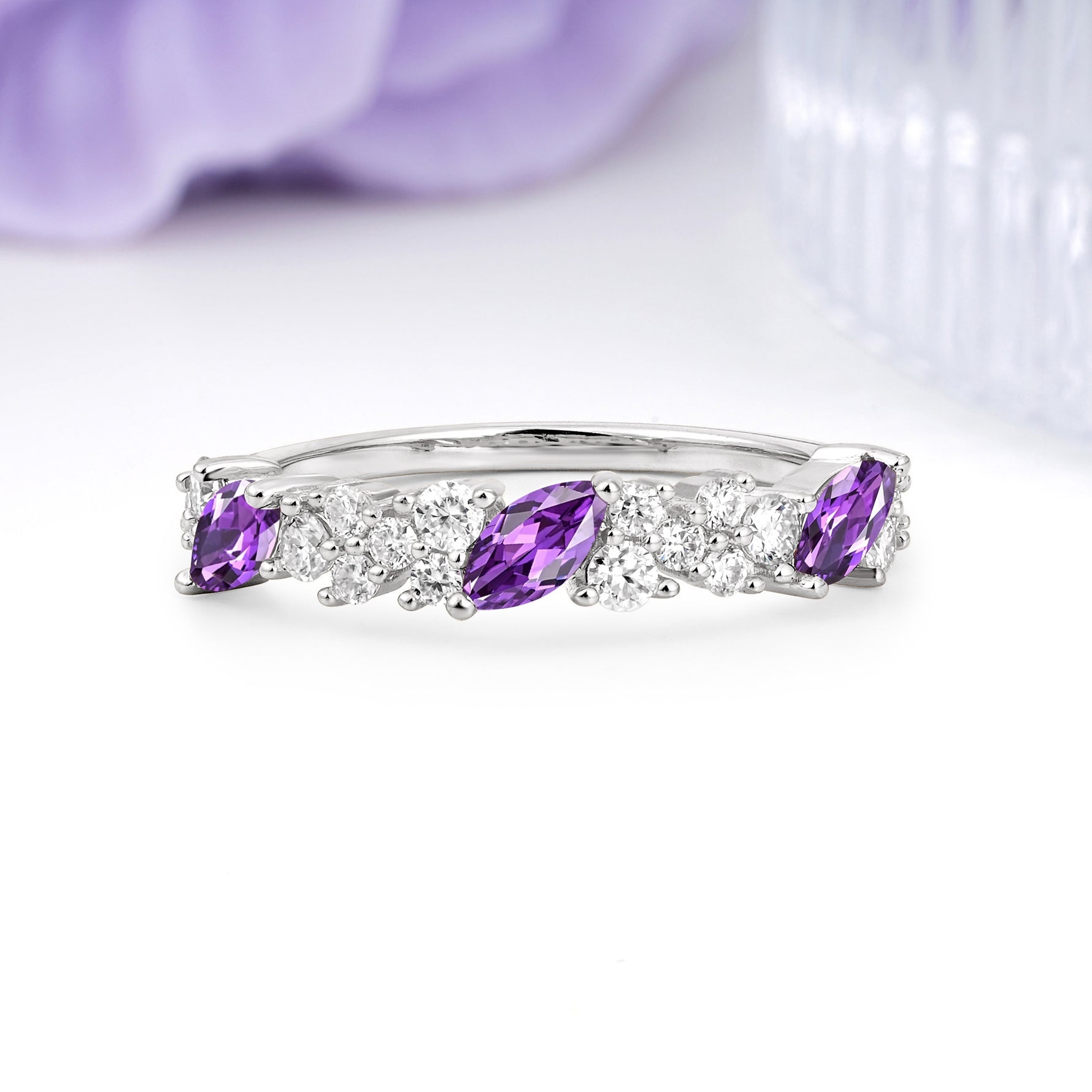 Distinctive And Luxurious 2-Prong Marquise Cut Amethyst Wedding Ring - Additional view