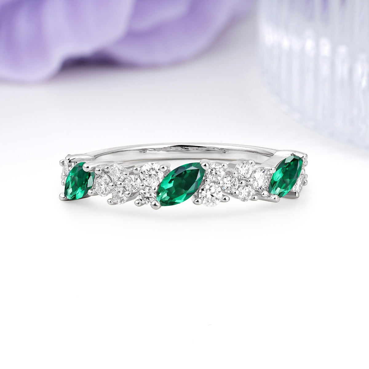 Distinctive And Luxurious 2-Prong Marquise Cut Emerald Wedding Ring - Additional view
