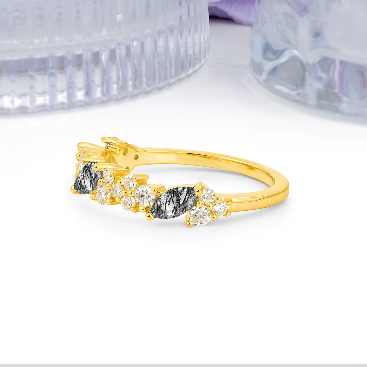 Distinctive And Luxurious 2-Prong Marquise Cut Black Rutilated Quartz Wedding Ring - Additional view