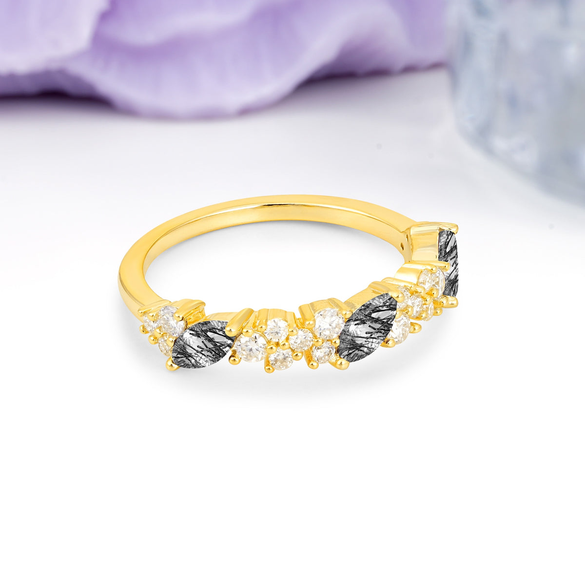 Distinctive And Luxurious 2-Prong Marquise Cut Black Rutilated Quartz Wedding Ring - Additional view
