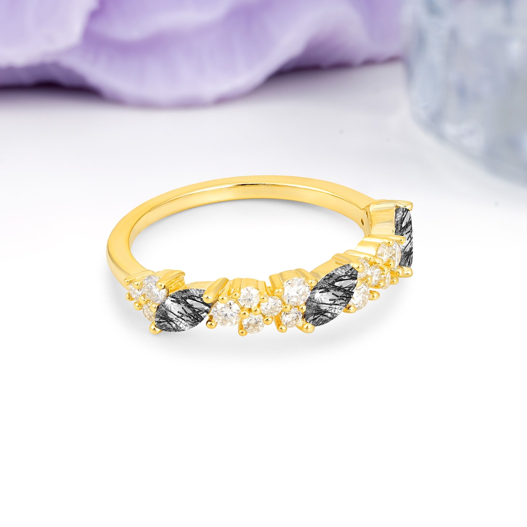 Distinctive And Luxurious 2-Prong Marquise Cut Black Rutilated Quartz Wedding Ring - Additional view