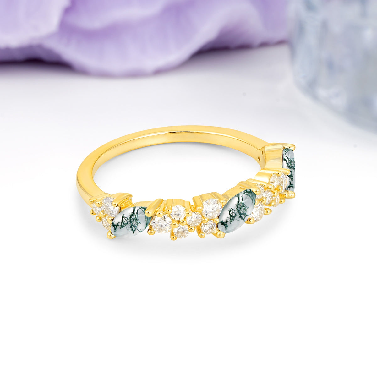 Distinctive And Luxurious 2-Prong Marquise Cut Moss Agate Wedding Ring - Additional view