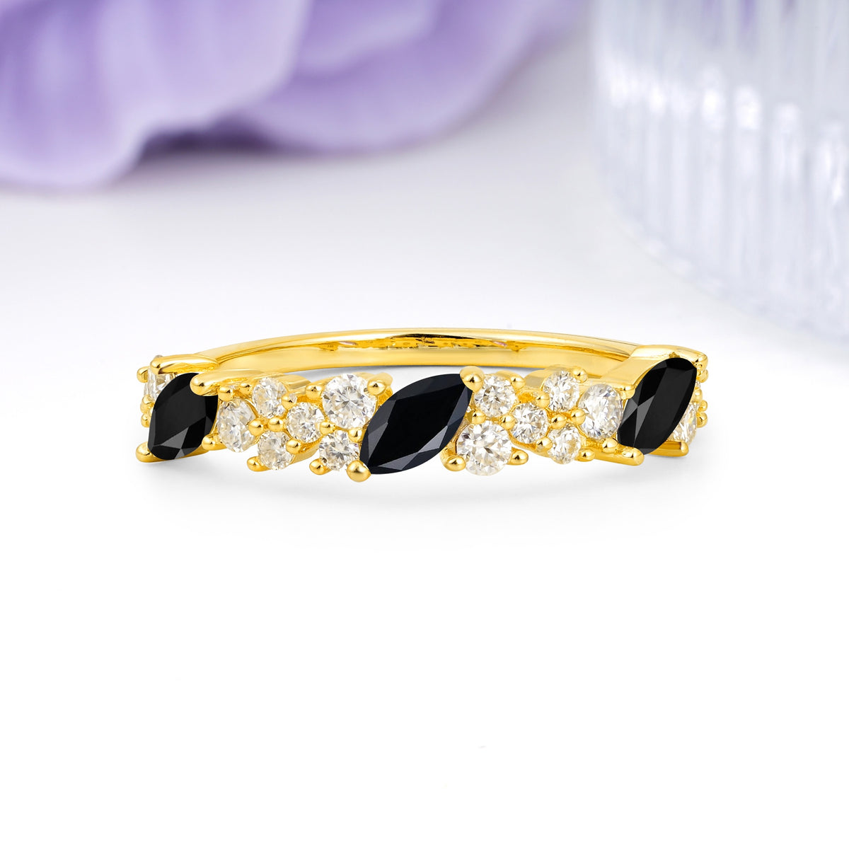 Distinctive And Luxurious 2-Prong Marquise Cut Black Onyx Wedding Ring - Additional view
