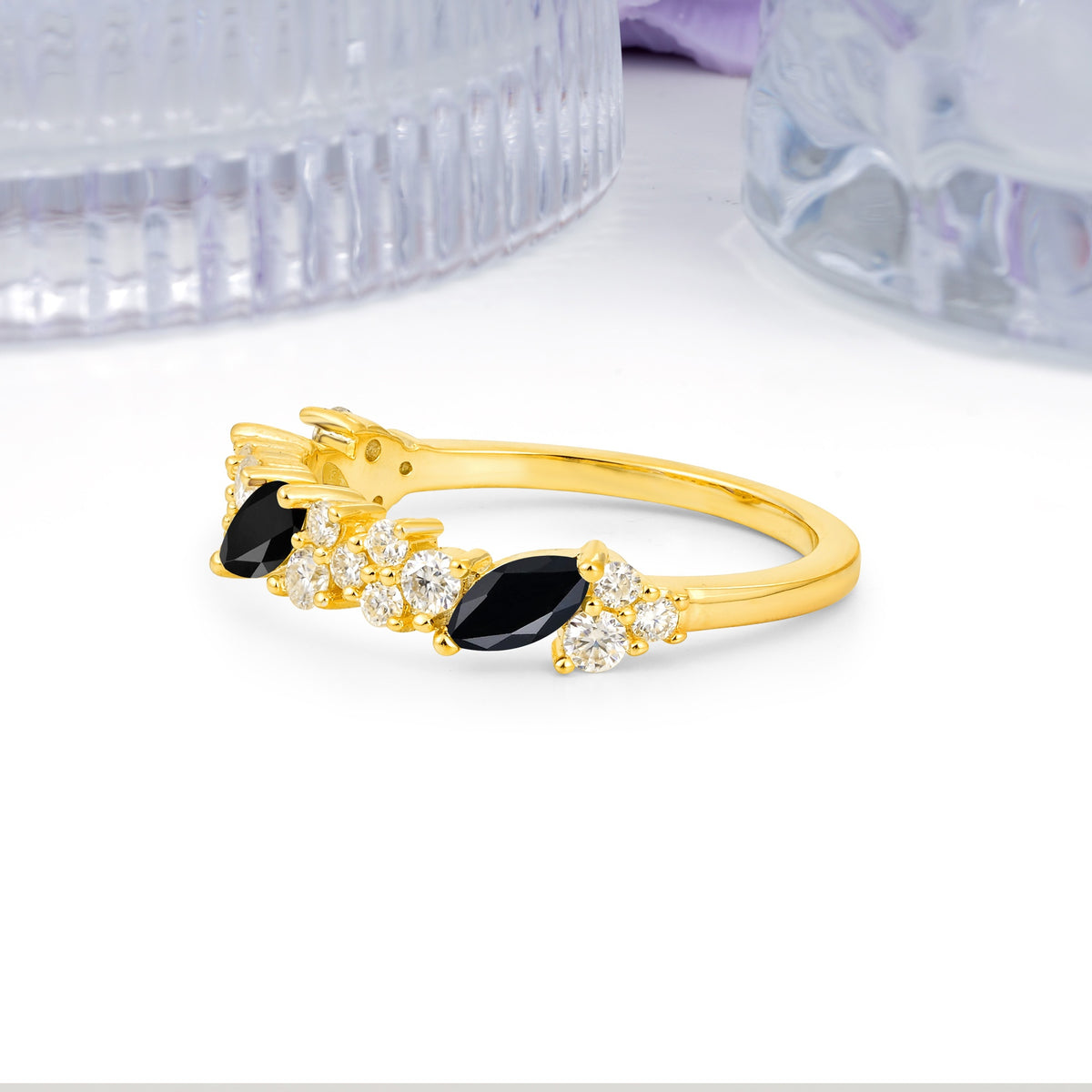 Distinctive And Luxurious 2-Prong Marquise Cut Black Onyx Wedding Ring - Additional view