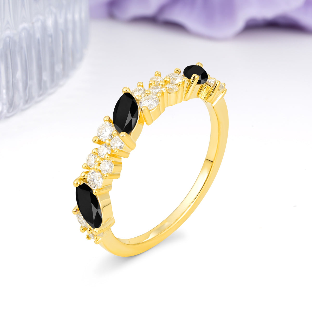 Distinctive And Luxurious 2-Prong Marquise Cut Black Onyx Wedding Ring - Additional view