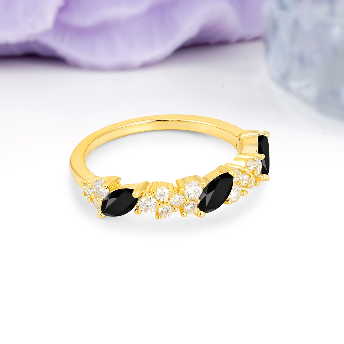Distinctive And Luxurious 2-Prong Marquise Cut Black Onyx Wedding Ring - Additional view