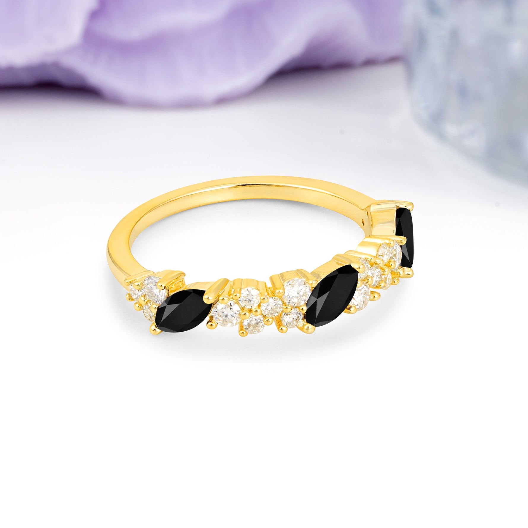 Distinctive And Luxurious 2-Prong Marquise Cut Black Onyx Wedding Ring - Additional view
