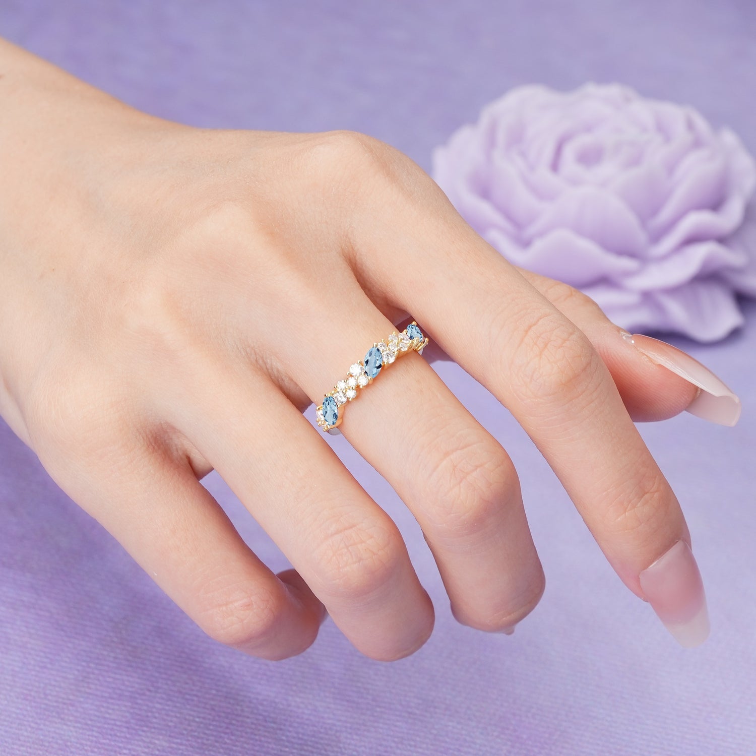 Distinctive And Luxurious 2-Prong Marquise Cut Aquamarine Wedding Ring - Additional view