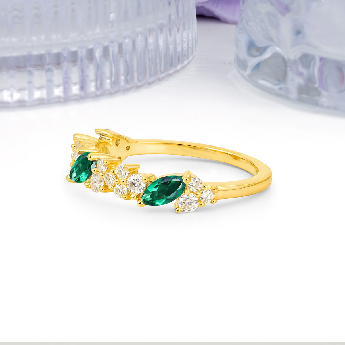 Distinctive And Luxurious 2-Prong Marquise Cut Emerald Wedding Ring - Additional view