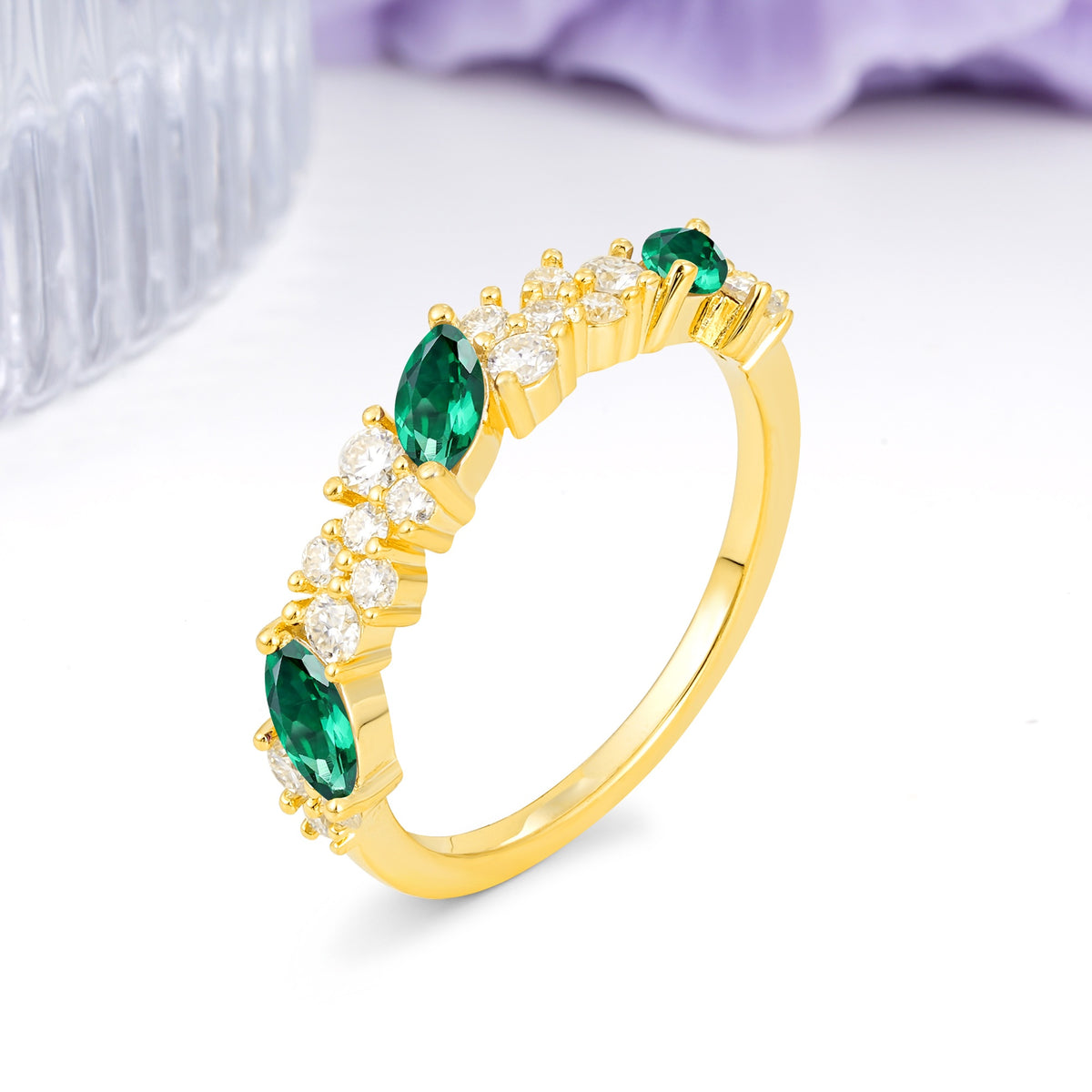 Distinctive And Luxurious 2-Prong Marquise Cut Emerald Wedding Ring - Additional view