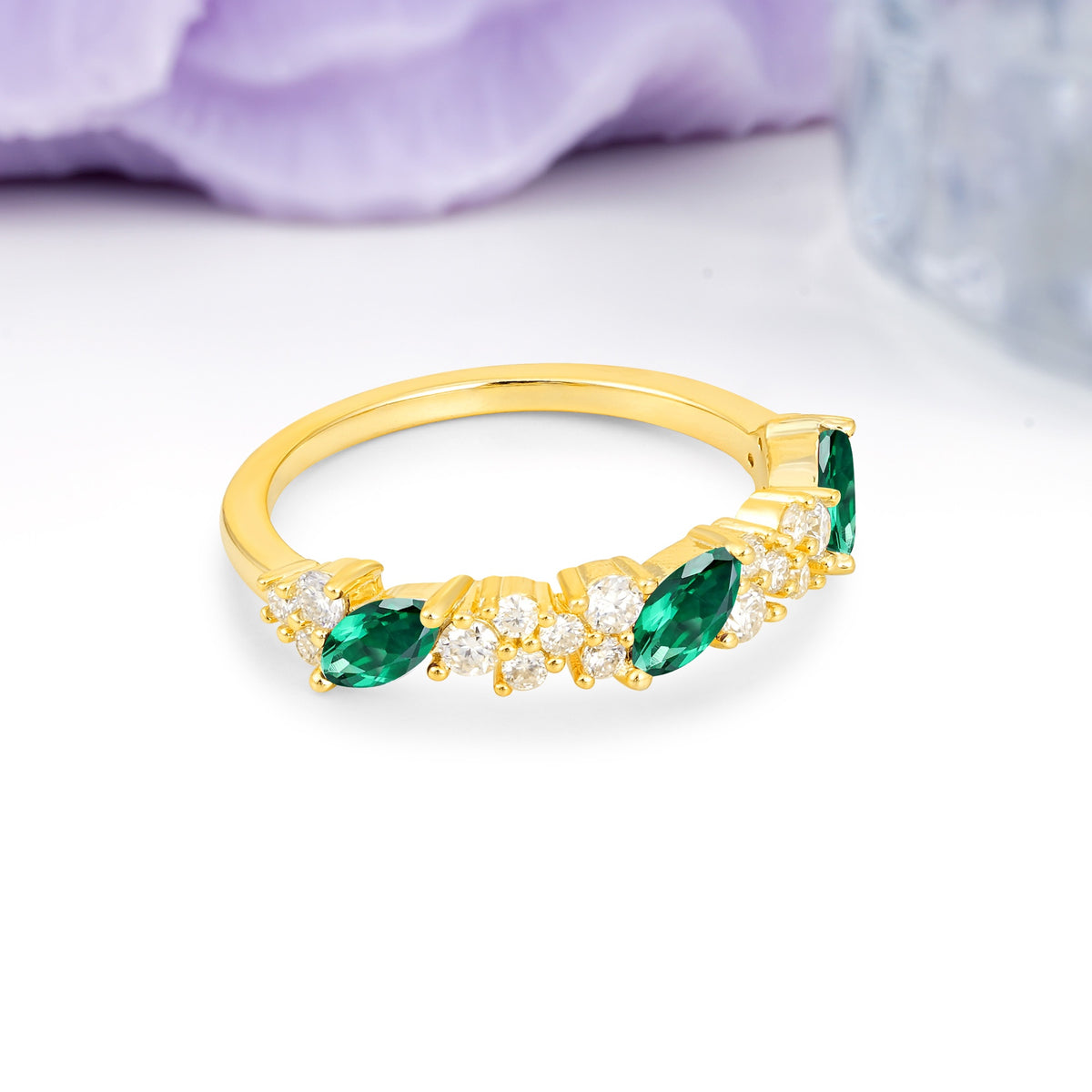 Distinctive And Luxurious 2-Prong Marquise Cut Emerald Wedding Ring - Additional view