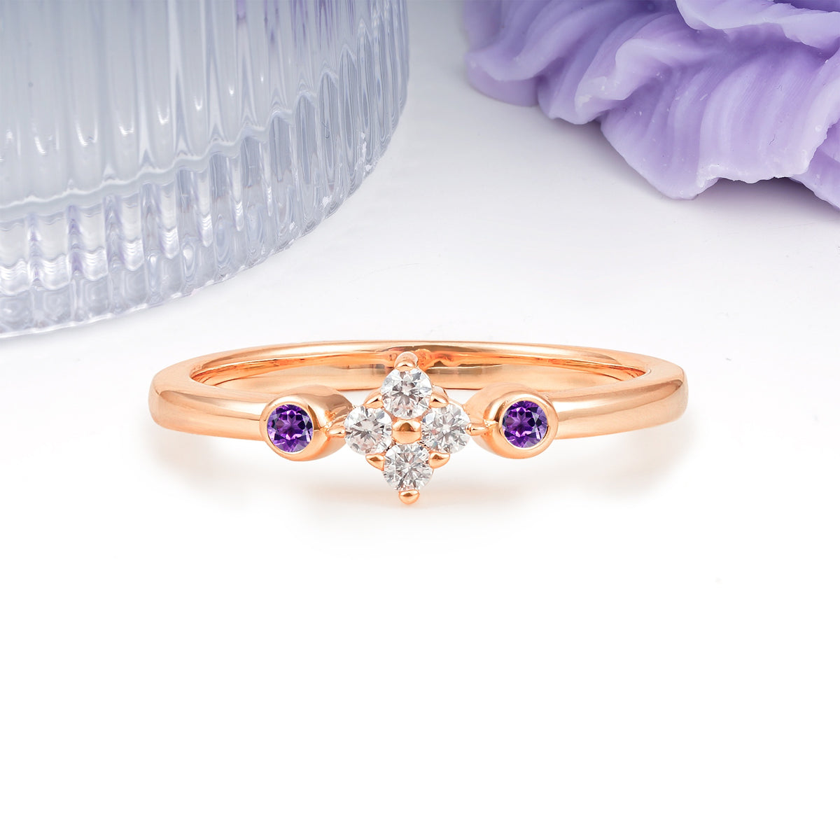 Unique and Minimalist 4-Prong Round Cut Amethyst Engagement Ring - Additional view