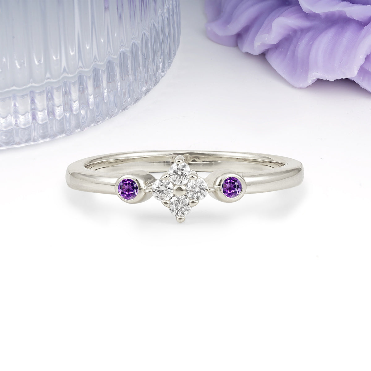 Unique and Minimalist 4-Prong Round Cut Amethyst Engagement Ring - Additional view