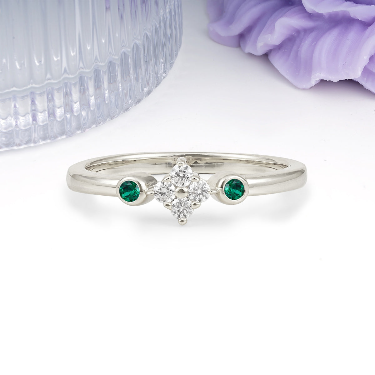 Unique and Minimalist 4-Prong Round Cut Emerald Engagement Ring - Additional view