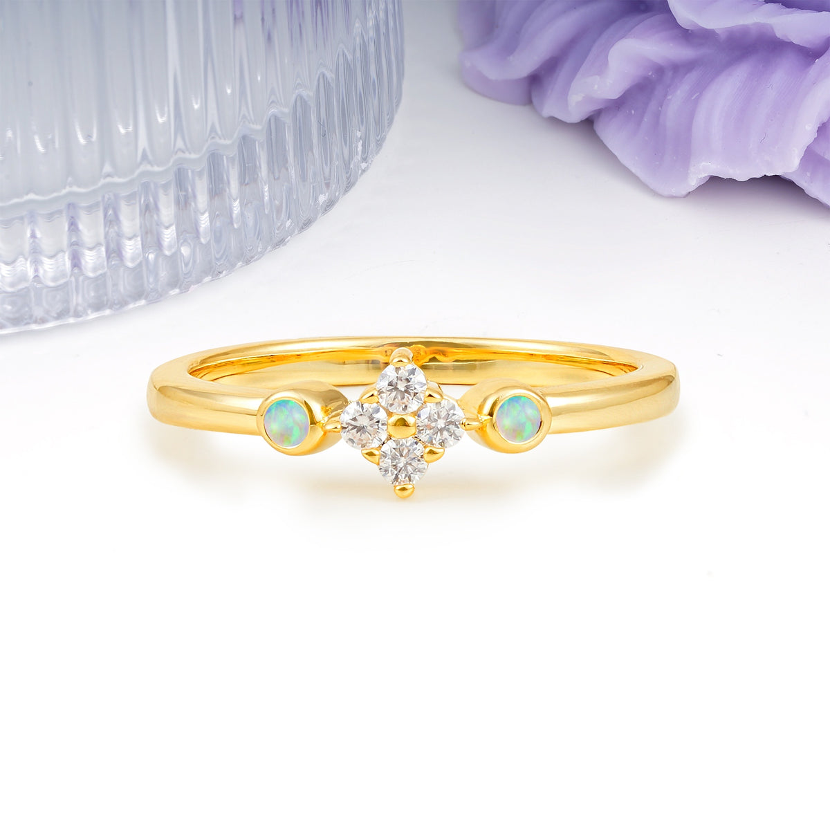 Unique and Minimalist 4-Prong Round Cut Fire Opal Engagement Ring - Additional view
