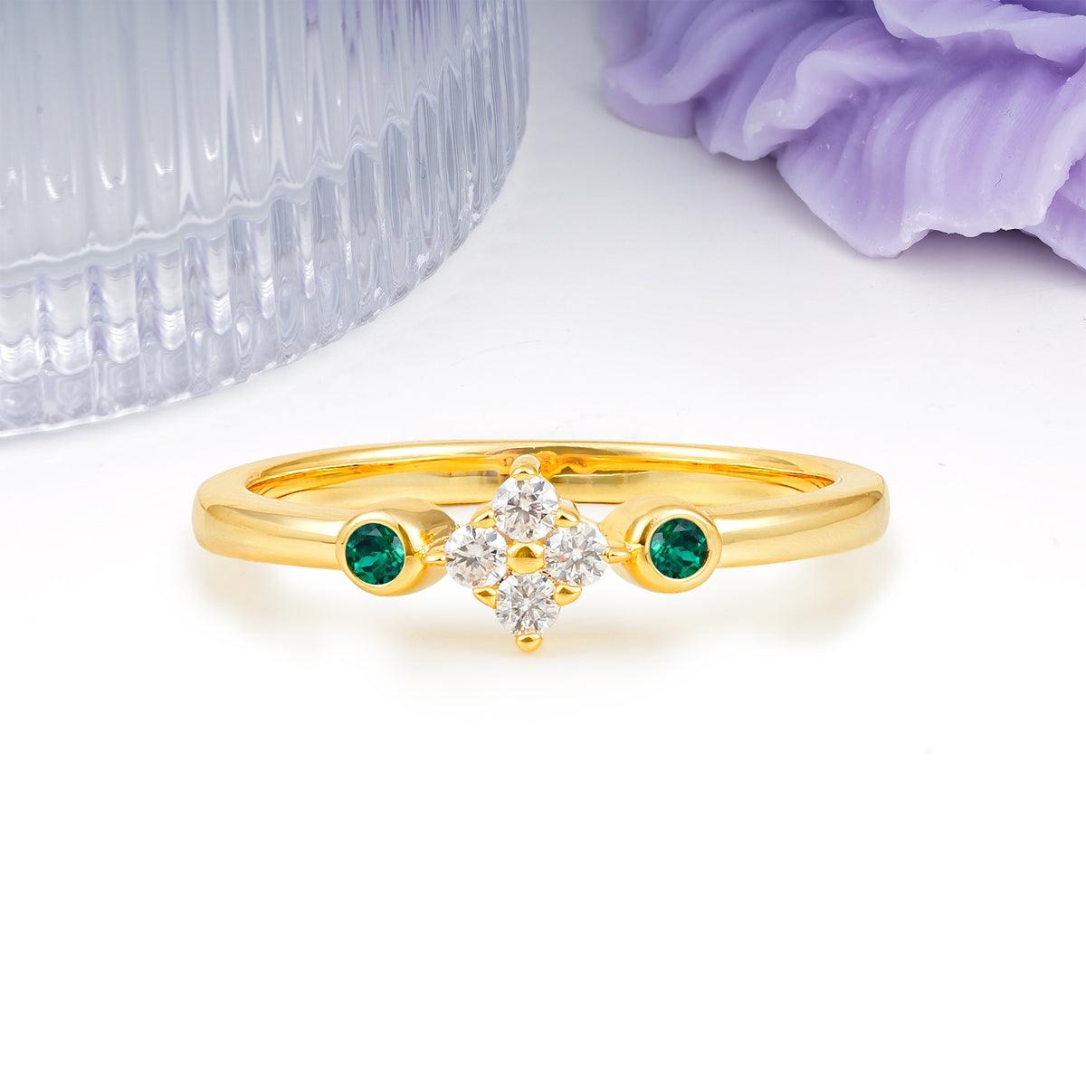Unique and Minimalist 4-Prong Round Cut Emerald Engagement Ring - Additional view