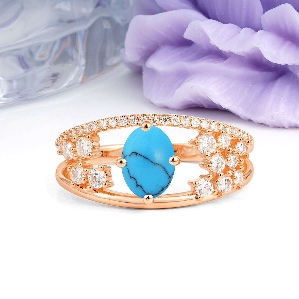 Unique Openwork, Luxurious 4-Prong, Oval Cut Turquoise Engagement Ring - Additional view