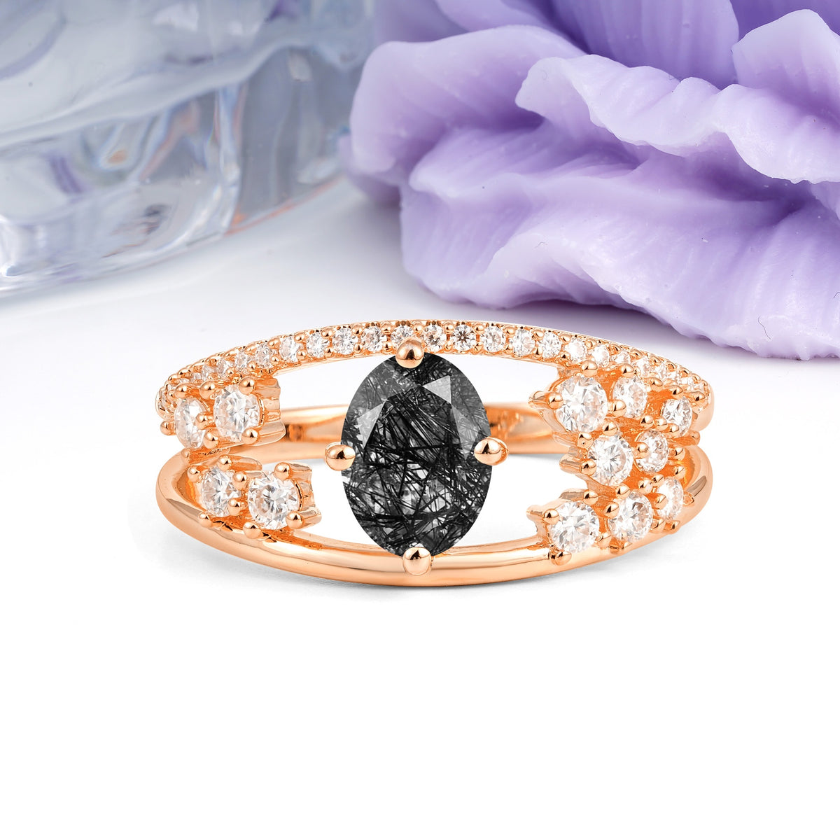 Unique Openwork, Luxurious 4-Prong, Oval Cut Black Rutilated Quartz Engagement Ring - Additional view