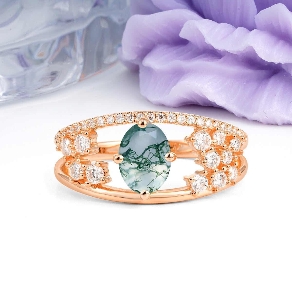 Unique Openwork, Luxurious 4-Prong, Oval Cut Moss Agate Engagement Ring - Additional view