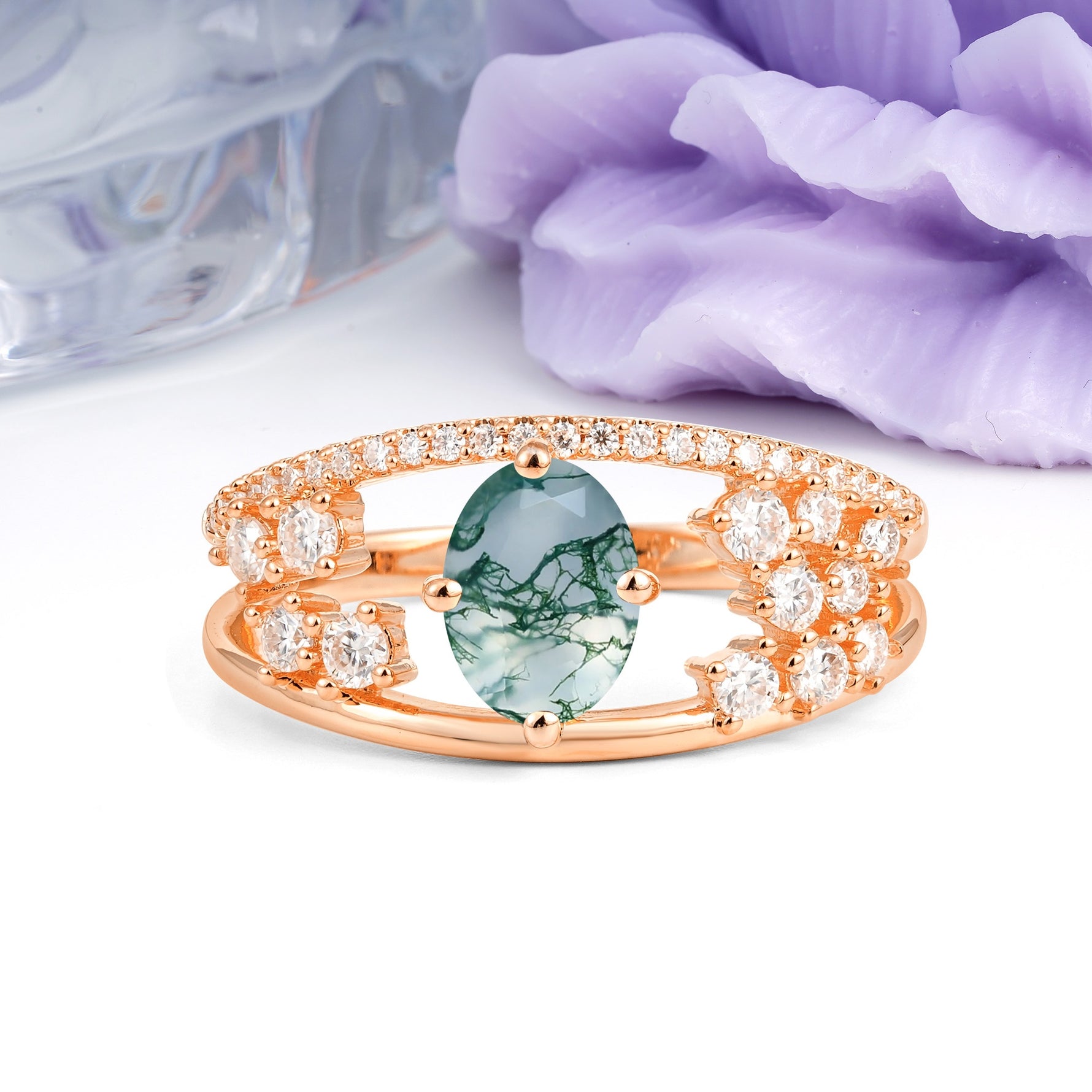 Unique Openwork, Luxurious 4-Prong, Oval Cut Moss Agate Engagement Ring - Additional view