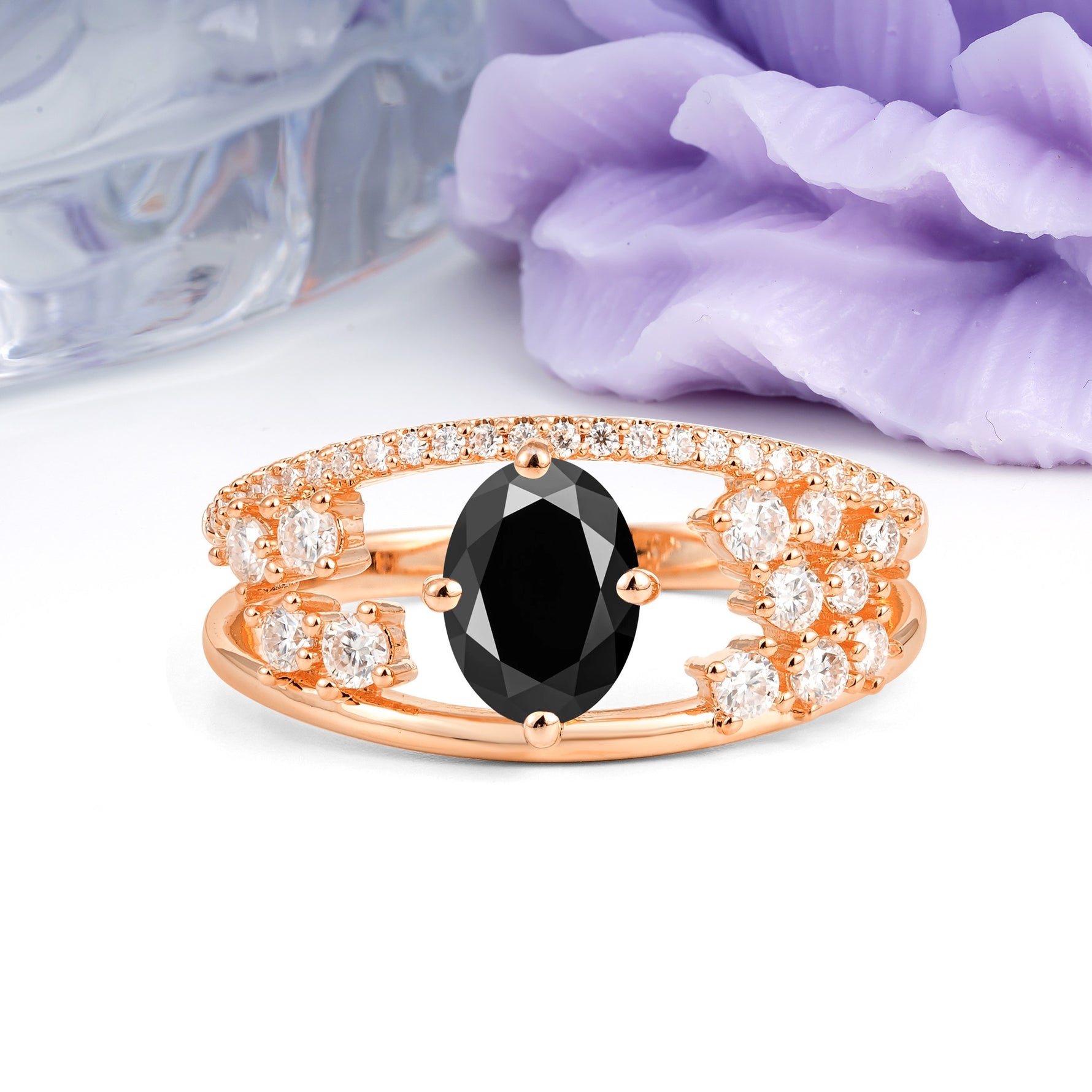 Unique Openwork, Luxurious 4-Prong, Oval Cut Black Onyx Engagement Ring - Additional view