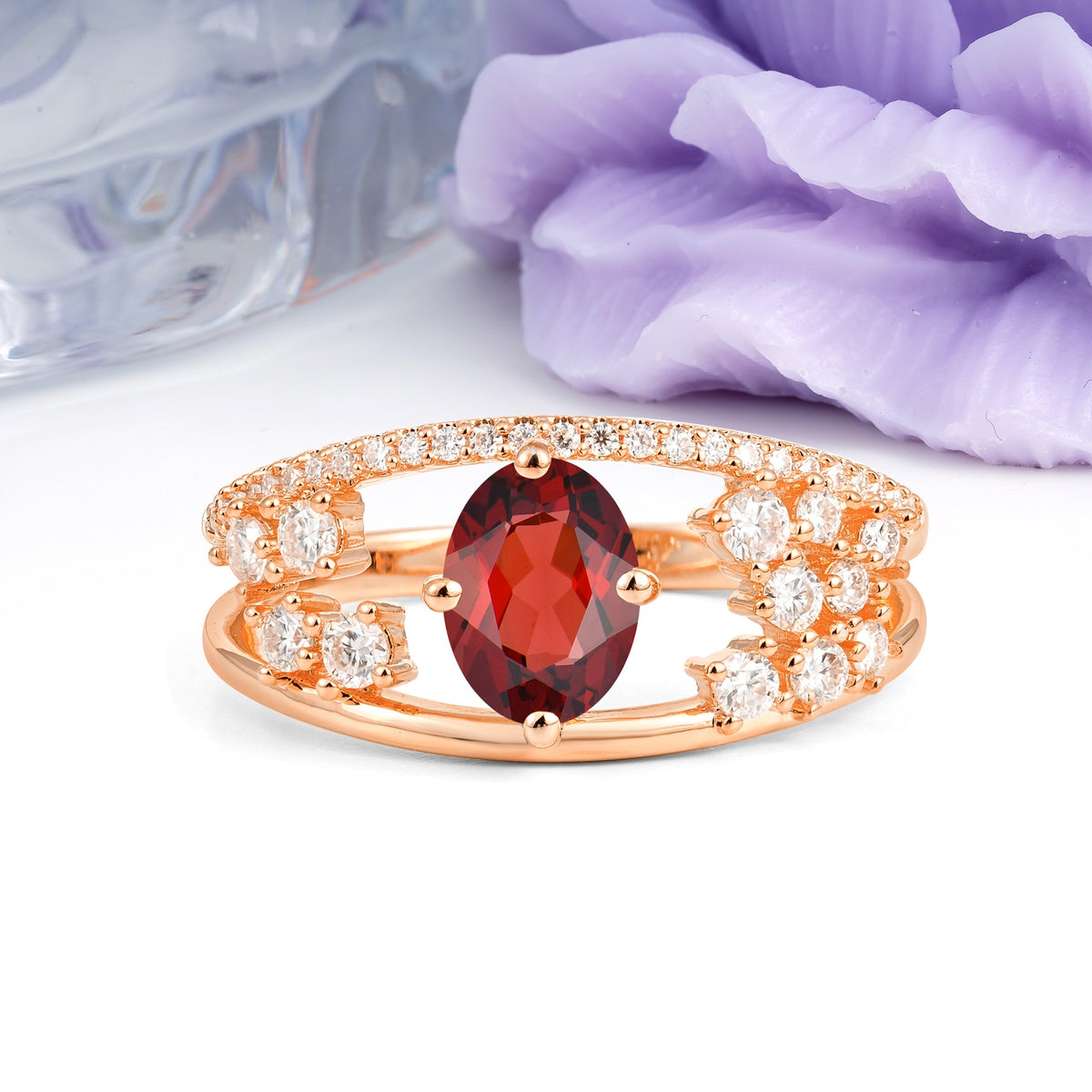 Unique Openwork, Luxurious 4-Prong, Oval Cut Garnet Engagement Ring - Additional view