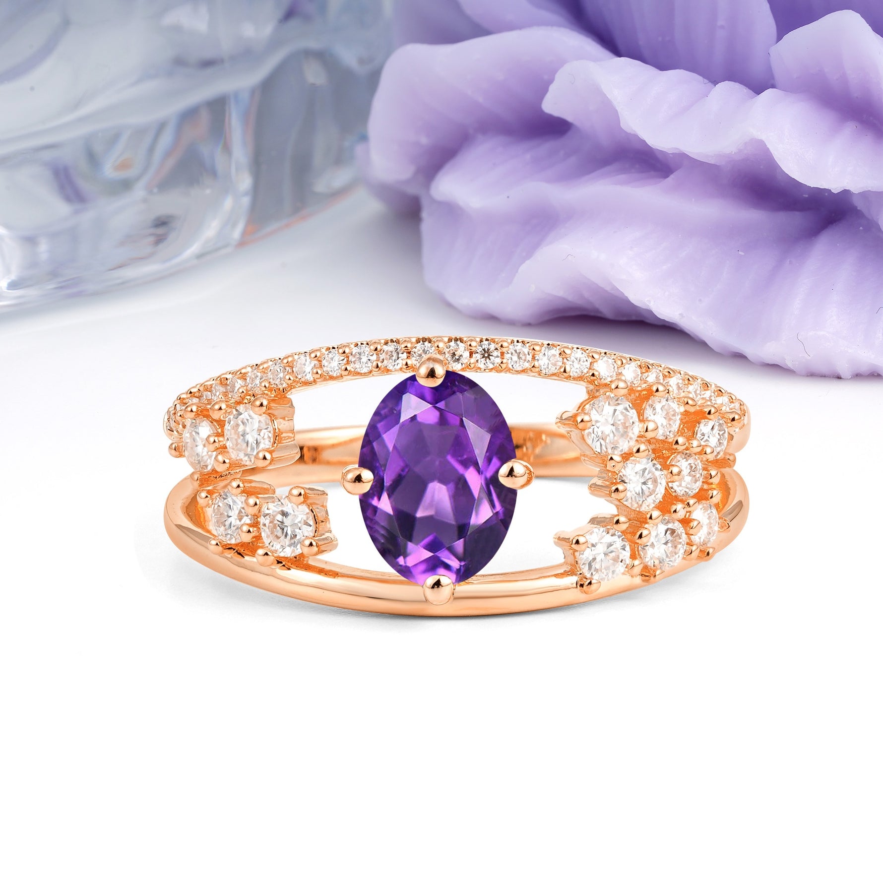 Unique Openwork, Luxurious 4-Prong, Oval Cut Amethyst Engagement Ring - Additional view