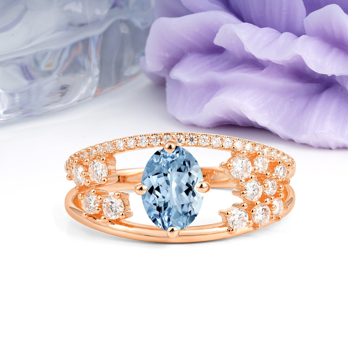 Unique Openwork, Luxurious 4-Prong, Oval Cut Aquamarine Engagement Ring - Additional view