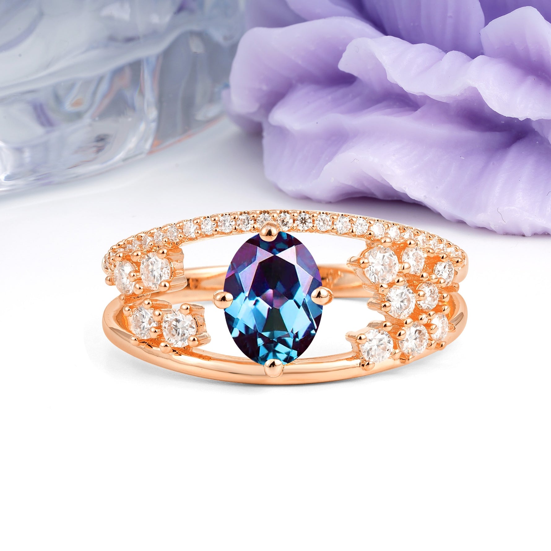 Unique Openwork, Luxurious 4-Prong, Oval Cut Alexandrite Engagement Ring - Additional view