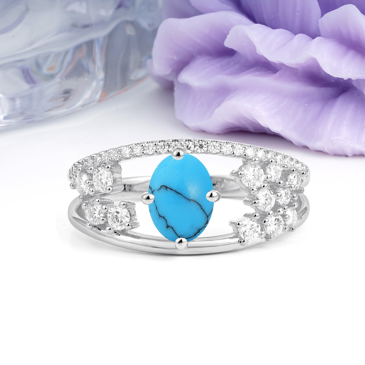 Unique Openwork, Luxurious 4-Prong, Oval Cut Turquoise Engagement Ring - Additional view