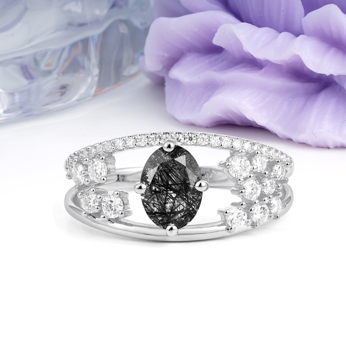 Unique Openwork, Luxurious 4-Prong, Oval Cut Black Rutilated Quartz Engagement Ring - Additional view