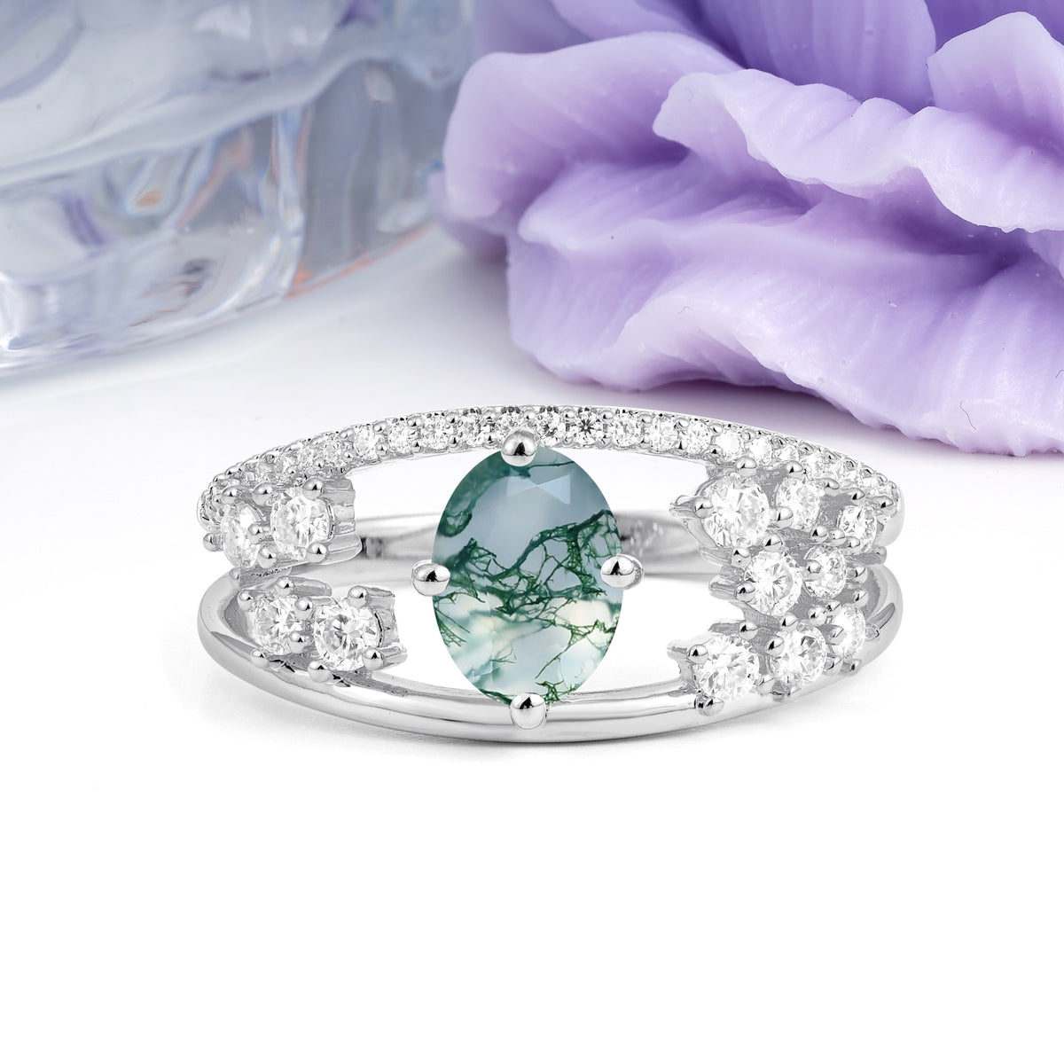 Unique Openwork, Luxurious 4-Prong, Oval Cut Moss Agate Engagement Ring - Additional view