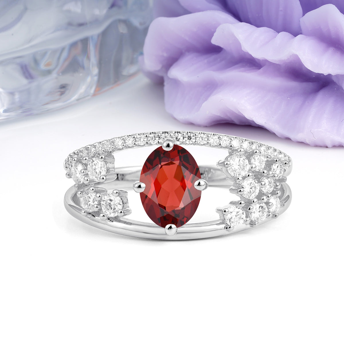 Unique Openwork, Luxurious 4-Prong, Oval Cut Garnet Engagement Ring - Additional view