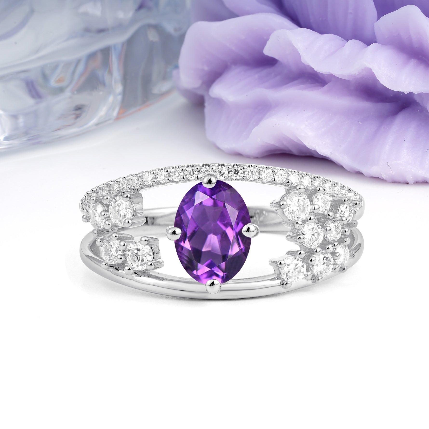 Unique Openwork, Luxurious 4-Prong, Oval Cut Amethyst Engagement Ring - Additional view