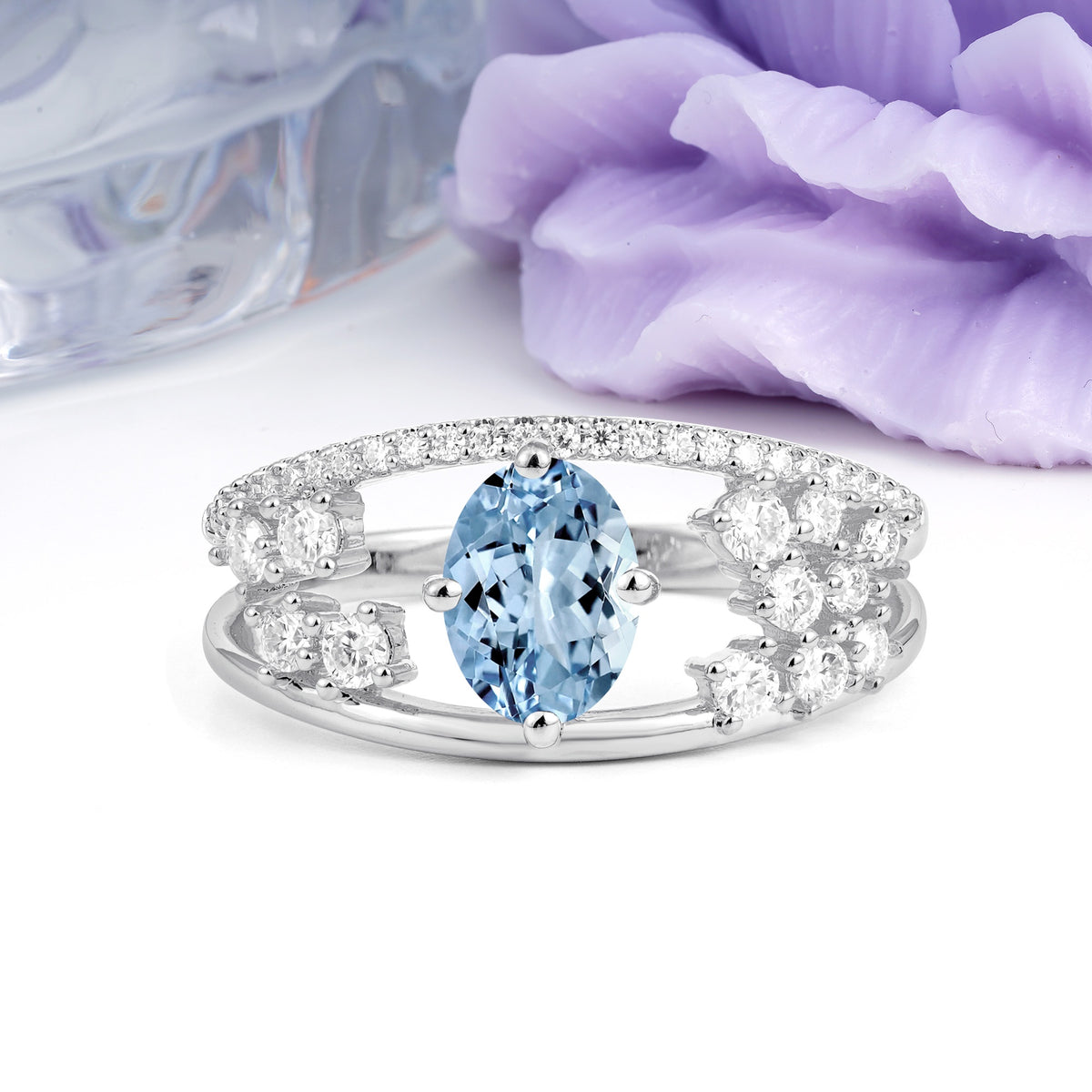 Unique Openwork, Luxurious 4-Prong, Oval Cut Aquamarine Engagement Ring - Additional view
